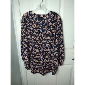 Cynthia Rowley Woman 3X Blouse V Neck Blue Coral Floral Semi Sheer Pullover 3/4